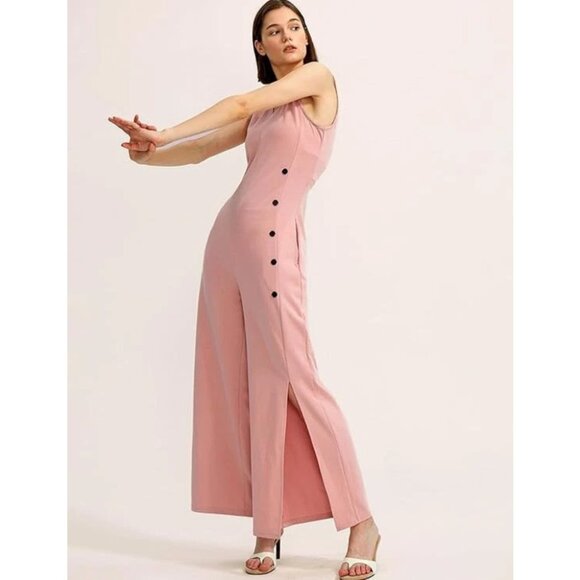 Cherfly Women's Small Peach Pink V-Neck Sleeveless Wide Leg Elegant Jumpsuits - Picture 2 of 16